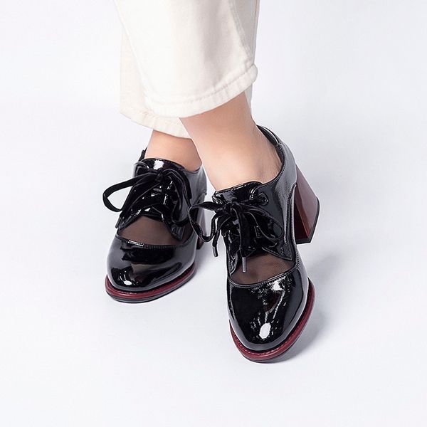 

dress shoes 2021 round toe 6cm square heels lace-up black women pump casual party size 34-43 a352-811