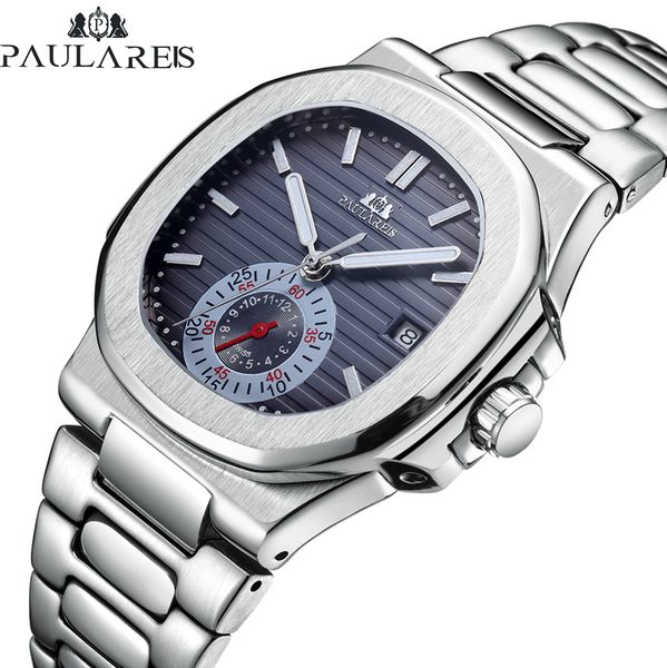 

men automatic self wind mechanical luminous stainless steel blue grey coffe black white dial simple small dial luxury watch, Slivery;brown