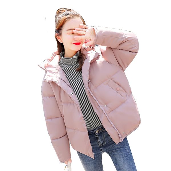 

casual solid loose short parka women 2018 hooded pockets padded jacket fashion warm short woman winter coats and jackets, Tan;black