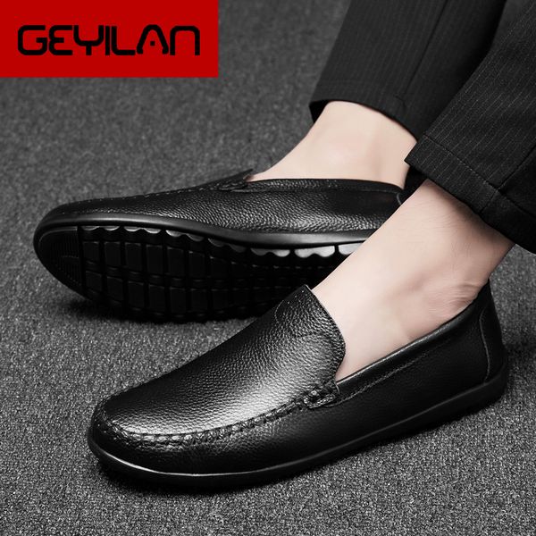 

genuine leather men shoes outdoor casual men loafers breathable driving shoes slip on moccasins big size 47, Black