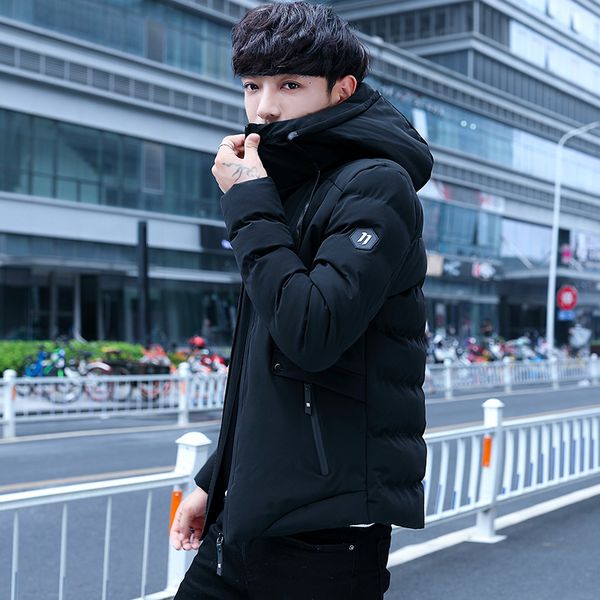 

jacket winter men's warm fashion thick solid color parka men casual hooded coat street wild loose cotton jacket male clothes, Black