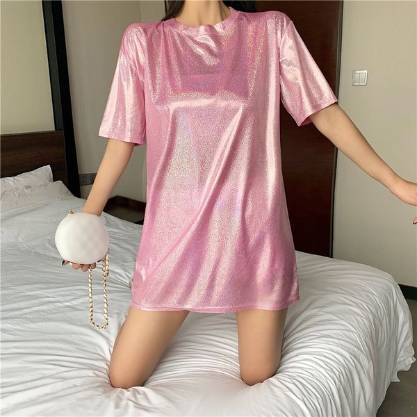 

fashion laser purple summer long tee shirts women t shirt korean vintage short sleeve o-neck tshirts, White