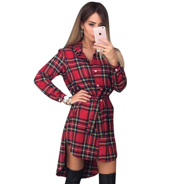 

plaid women shirt dress vintage button bandage dress irregular hemturn down collar long sleeve mini dress women clothes s-xl, Black;gray
