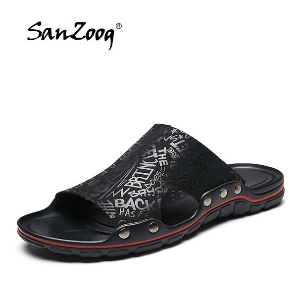

2019 new men slippers super cool fashion men's slides summer beach leather slippers man casual sandals flat flip flops big size, Blue;gray