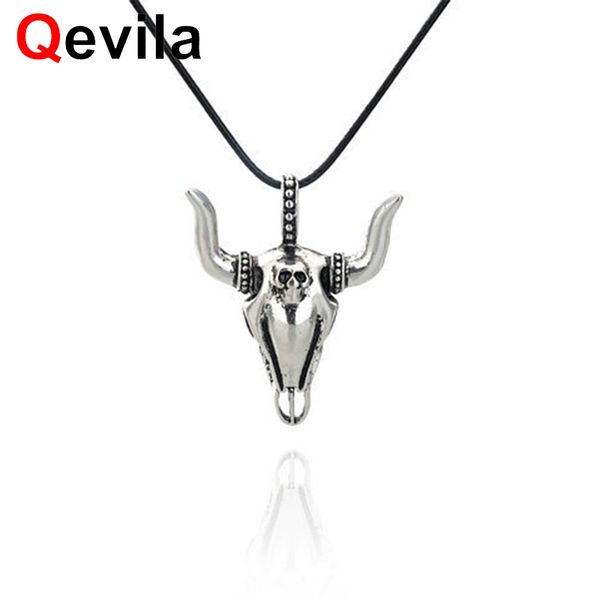 

qevila 2019 new fashion gothic vintage bull skull necklaces for men stainless steel leather chain pendant necklaces jewelry boho, Golden;silver