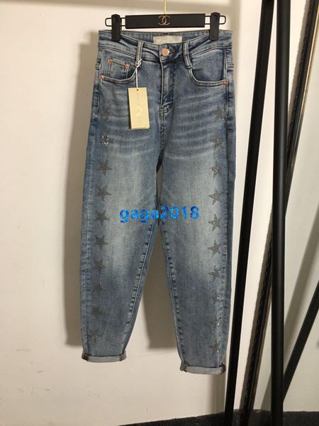 

высокого класса женщины девушки джинсовые брюки джинсы с горячий сверлить звезды мотив свободного покроя мыть брюки прямые полосы милано мод, Blue