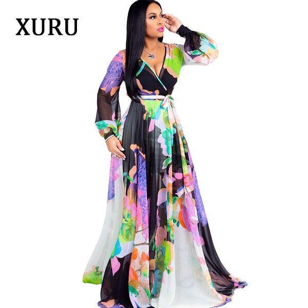 

xuru women long maxi dress floral printed long sleeve v neck belted chiffon dresses casual beach loose dress plus size s-3xl-5xl, Black;gray