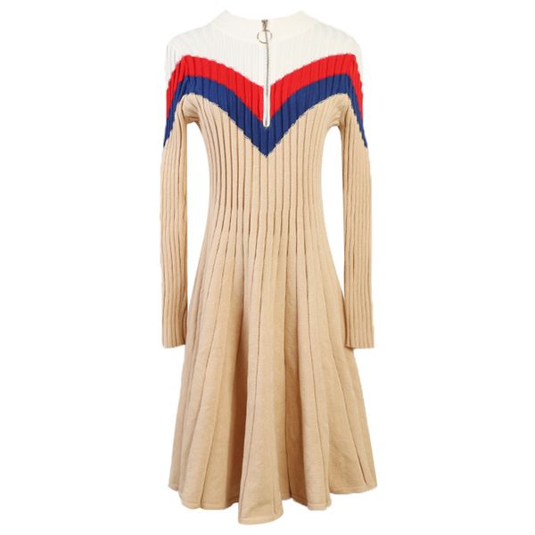 

2019 new womens clothing women dresses round neck zipper contrast color long sleeve print womens autumn pleated dress knit skirt size s-l, Black;gray