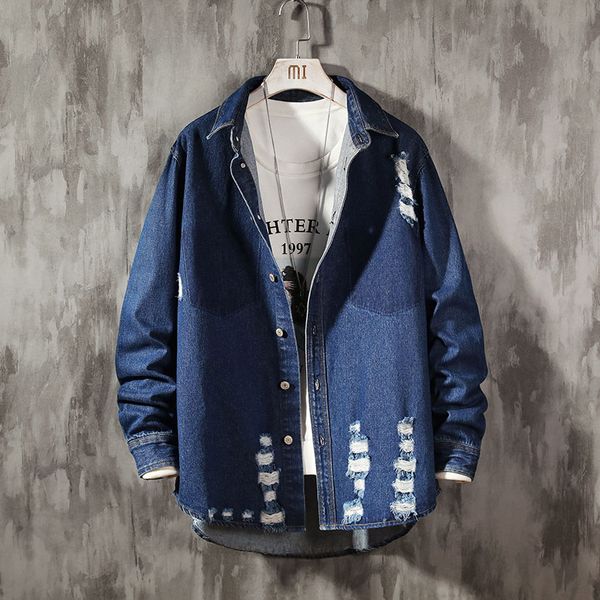 

2019 new men's autumn denim jacket coats men season denim shirt collar jacket male trend hole spring and autumn jackets, Black;brown