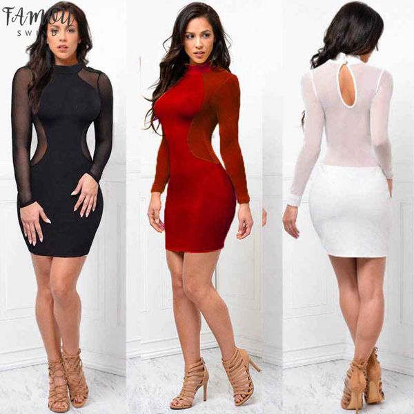 

women see through o neck long sleeve bandage bodycon evening party short mini dress, Black;gray