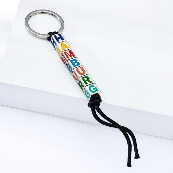 

vicney new style germany hamburg keychain colorful square letter keychain black rope key chain for friends zinc alloy brelok, Silver