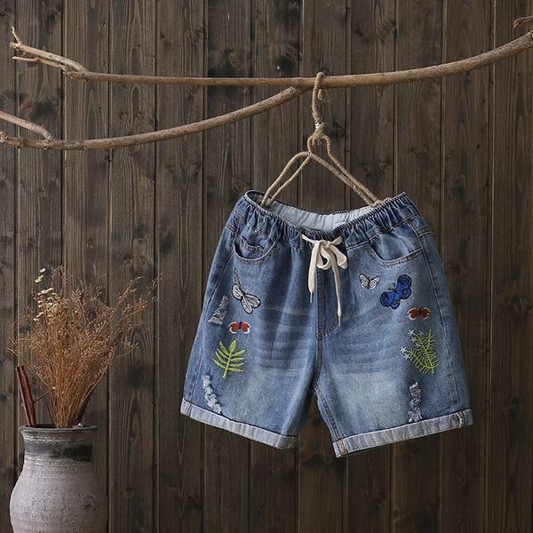 

30037 в корейском стиле лета сыпучие-fit эластичный пояс для обжима шнуровке вышивки прямого покроя джинсы, Blue