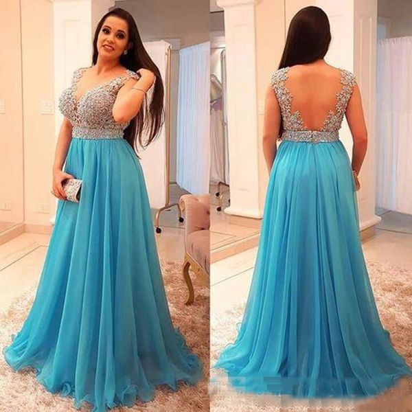 

Stunning Beaded Chiffon Plus Size Prom Dresses Deep V Neck Backless Evening Gowns Floor Length Pleated Long Formal Party Dresses