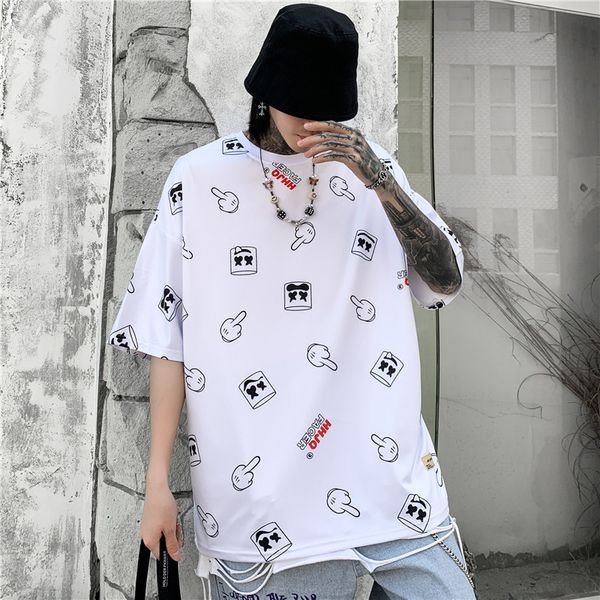 

high street fashion brand dark dark wind print trend hip hop half sleeve t-shirt men's summer loose men's short sleeve tee trend, White;black