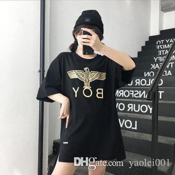 

summer new short-sleeved t-shirt female classic gold wings big eagle cotton loose large size long skirt, White