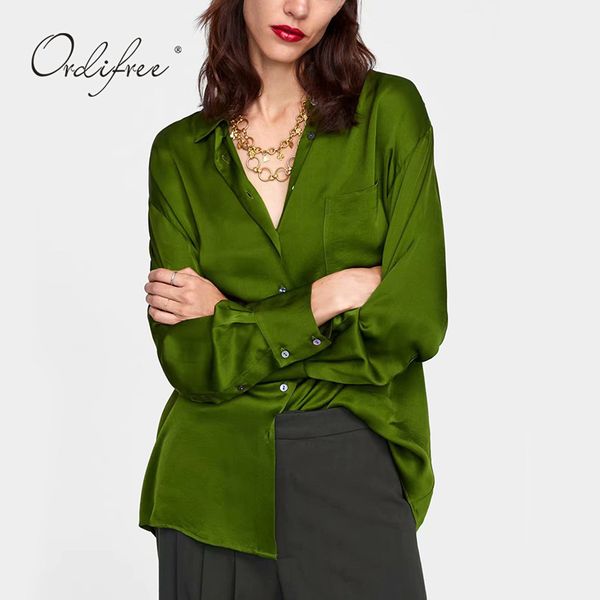 

ordi2019 summer autumn women satin blouse loose casual green female silk blouse shirt, White