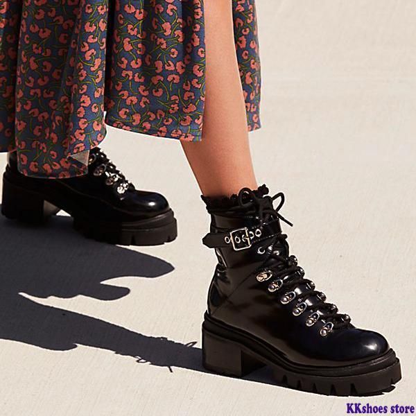 

women motorcycle boots ankle patent leather round toe buckle strap platform lace up combat shoes ladies shoes zapatos de mujer, Black