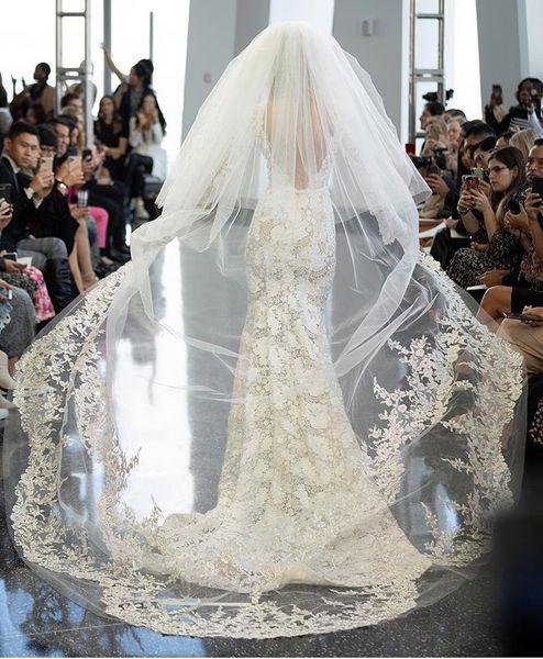 

2019 two layers long wedding veils with lace appliqued cathedral length bridal veils with comb soft tulle wedding veil, Black