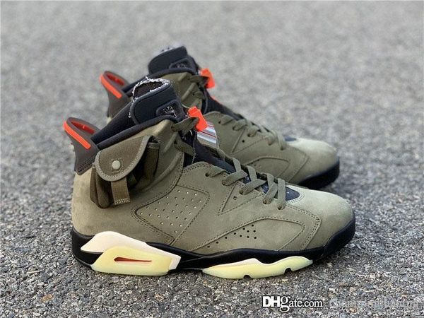 

authentic travis scott x air 6 cactus jack medium olive reflective glow in the dark army green suede 3m retro basketball shoes cn1084-200