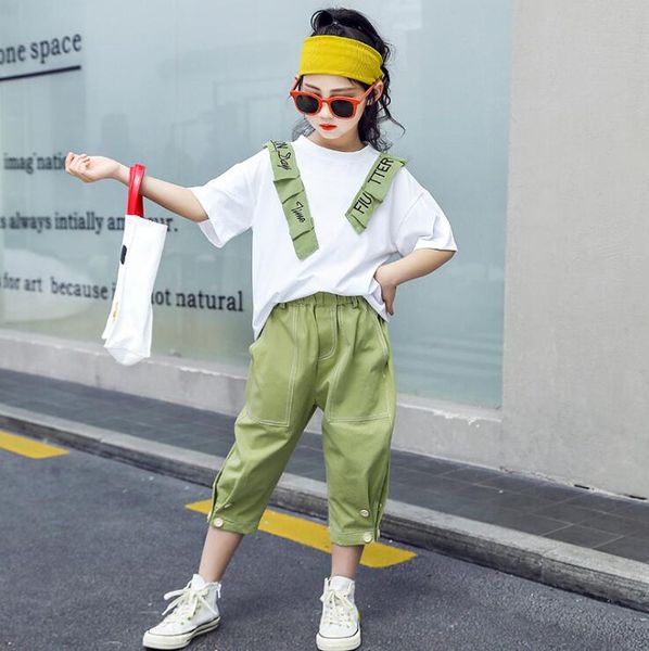 

new style children's day sets 2020 summer loose casual girls' 2pcs sets age 6-14 years old big girls dresses, White