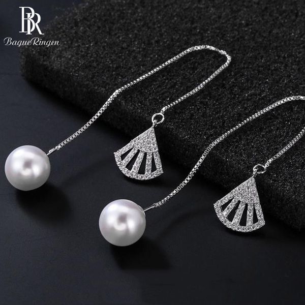 

bague ringen simple sterling silver 925 jewelry drop earrings pearl earrings for women beautiful long tassels fan-shaped earline, Golden;silver