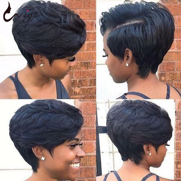 

ishow piexie cut short straight bob wig natural color all age human hair wigs brazilian remy hair for black women 6-8inch, Black;brown