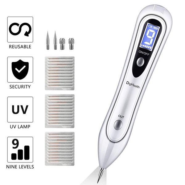 Stylo d'élimination des étiquettes de peau UV LED 9 modes réglables dissolvant avec 30 aiguilles fines étiquettes de peau pour dissolvant de verrues taches de rousseur du corps