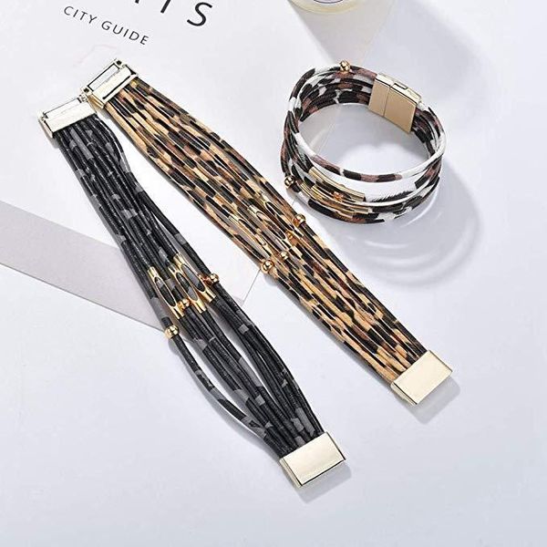 Bracciale in PU leopardato Bracciale in pelle avvolgente Braccialetti a polsino multistrato fatti a mano con chiusura magnetica per gioielli da donna per ragazze