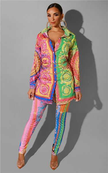 

для женщин роскошная 2pcs рубашки брюки цветочные печати отворотом шеи длинным рукавом осень стиль женщины одежда, White