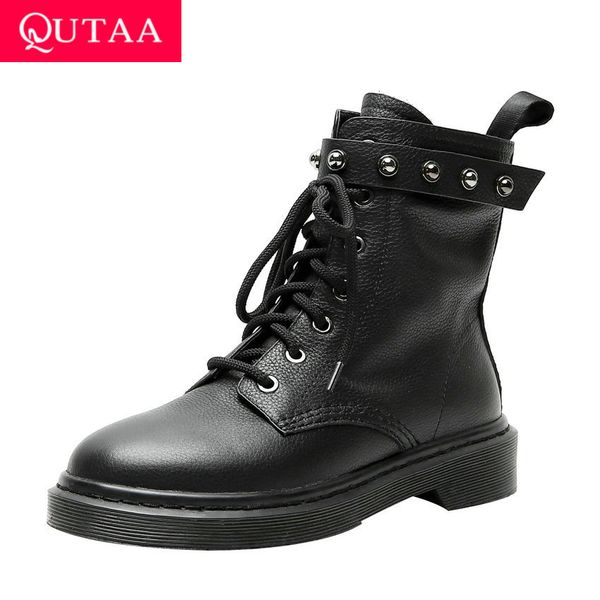 

qutaa 2020 cow leather round toe lace up autumn winter casual mid calf boots square low heel fashion rivet women shoes size34-42, Black