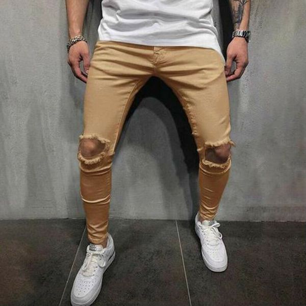 

men gothic pants full length hole decoration skinny fit type pleated front style elastic waist closure type asian size, Black