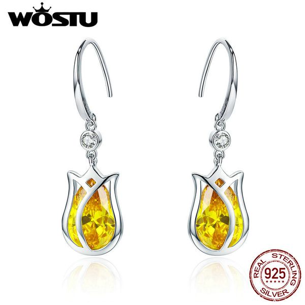 

wostu 925 sterling silver flower dangle earrings yellow tulips dazzling zircon hoop earrings for women shine 925 jewelry cte065