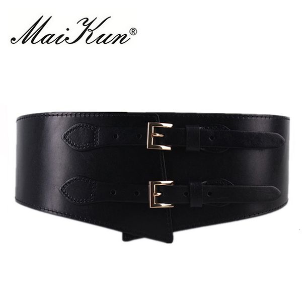

maikun wide belts for women luxury cowhide double retro pin buckle women belts for dress female waistband y191207, Slivery;black