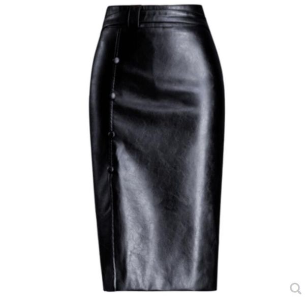 

plus size 4xlpu leather skirt women high waist package hip slim knee length pencil skirt, Black