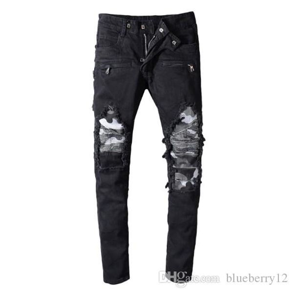 

mens jeans high street hip hop hole and distrressed pants slim feet jeans color black plus size 29-42, Blue
