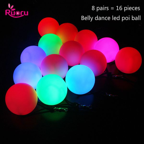 

ruoru 16 pieces = 8 pair belly dance ball rgb glow led poi thrown balls for belly dance hand props stage performance accessories, Black;red