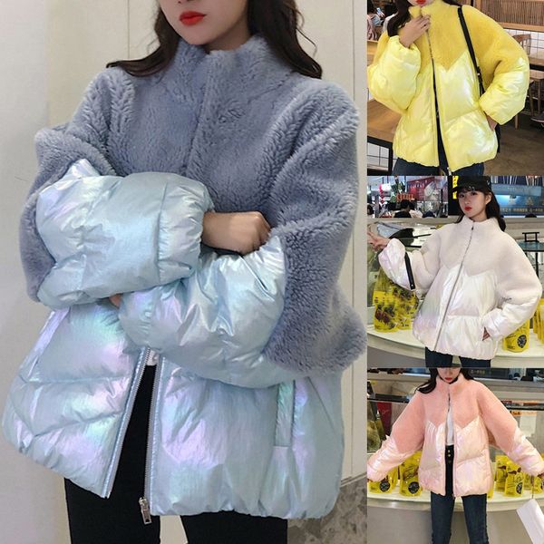 

patchwork thick warm winter jacket casual outwear fashion women lamb imitation splicing jacket coat warm long sleeves overcoat, Black