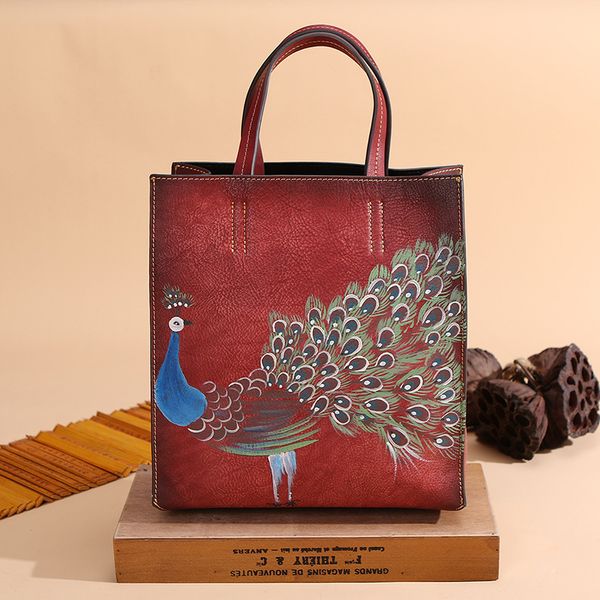 

women's bag 2020 new vintage leather women's handbag hand painted animal tote bag women's tide
