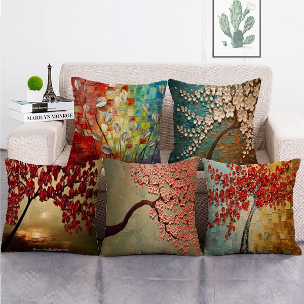 

45cm*45cm square oil painting trees pillow covers cotton linen pillow cases living room sofa decorative cushion covers