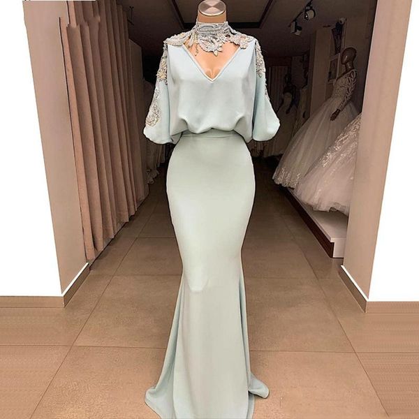 

mint sage arabic 2020 prom dresses half sleeve high neck mermaid evening dress dubai bridesmaid gowns, Black