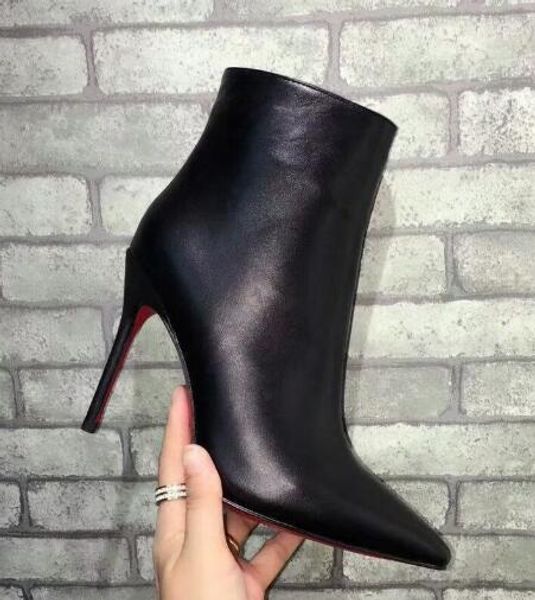 

новый горячий дизайнерская черная кожа с шипами острым носом женские ботильоны мода sexy ladies красный низ высокие верхние туфли на каблука, Black