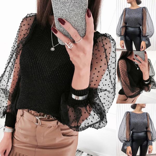 

new winter womens organza ruffled sleeve solid color knitted pullover sweater patchwork mesh sleeve casual club short, White;black