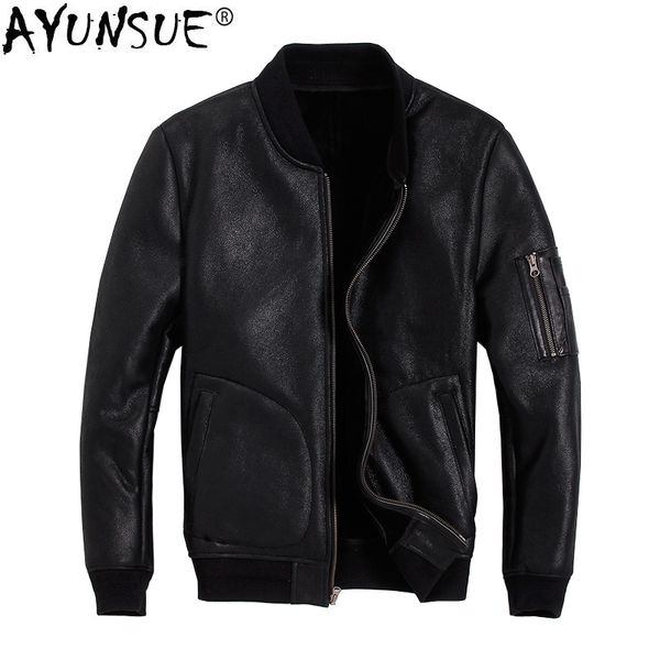 

ayunsue men's genuine leather jacket winter coat sheep shearling jacket men bomber motorcycle sheepskin leather jackets kj2915, Black