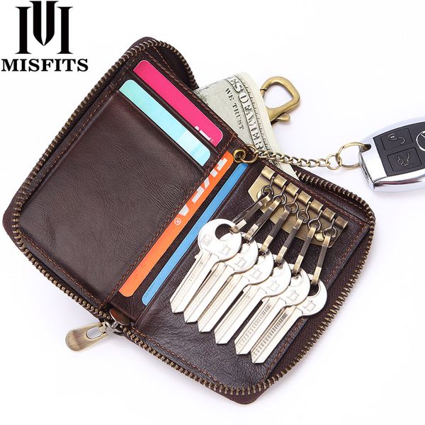 

misfits key wallets genuine leather men purse fashion multi-functional car key organizer card holder for male zipper case, Red;blue