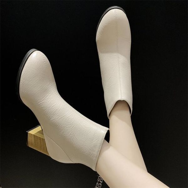 

lzj 2019 women winter high heels round toe ankle boots women fashion pu leather square heel shoes woman booties botas mujer, Black
