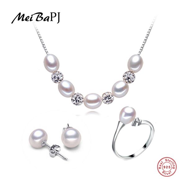 

meibapj 100% genuine freshwater pearl jewelry sets for women 925 solid silver pendant necklace ring earrings tz-090y, Black