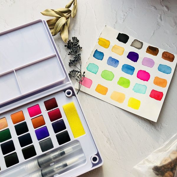 

24 colors watercolor paints set aquarela portable travel solid pigment with water color brush pen for painting art supplies