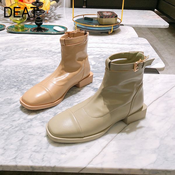 

deat] 2020 square toe buckle strap simple casual pu leather single shoes women short boots new spring autumn fashion 10g005, Black