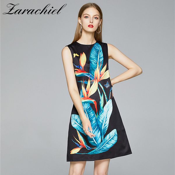 

fashion designer leaves flower print beach dress women's sleeveless summer sundress female casual loose a-line tank dresses, Black;gray