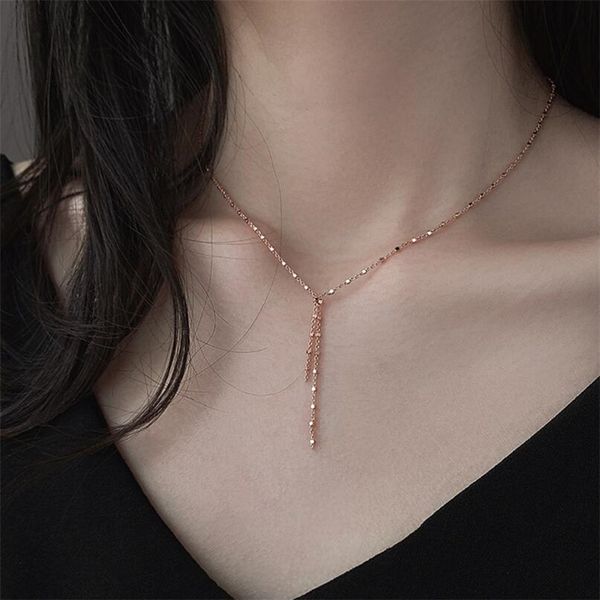 

2019 simple long chain lariat necklace 925 sterling silver square tassel charm y shaped minimal dainty women fashion jewelry